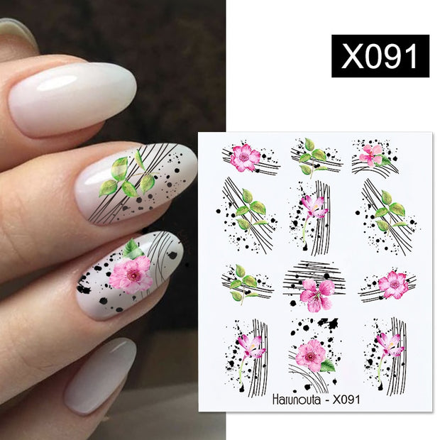 Harunouta Black Lines Flower Leaf Water Decals Stickers Spring Simple Green Theme Face Marble Pattern Slider For Nails Art Decor Nail Stickers DailyAlertDeals X091  