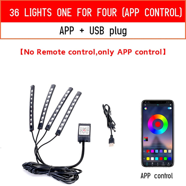 Rgb Led Lights for Cars Ambient Lighting Car Interior Neon Light With Music Voice Control App Inside Car Lights RGB LED Light with control DailyAlertDeals 36LED USB APP  