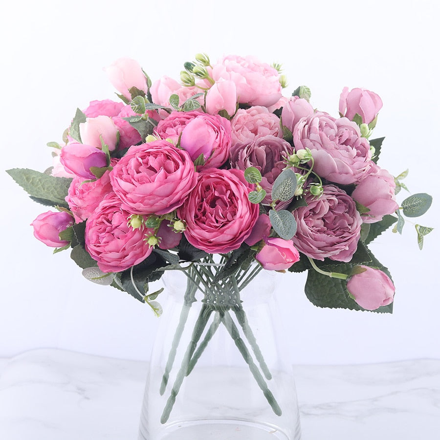30cm Rose Pink Silk Peony Artificial Flowers Bouquet 5 Big Head and 4 Bud Cheap Fake Flowers for Home Wedding Decoration indoor Flowers DailyAlertDeals   