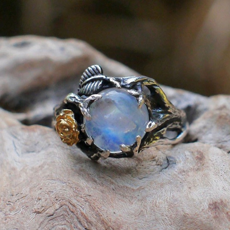 Vintage Moonstone Ring For Women Black Jewelry Gold Flower Finger Ring Female Charming Jewelry Gift Wedding Statement Opal Ring Zircona Ring DailyAlertDeals   