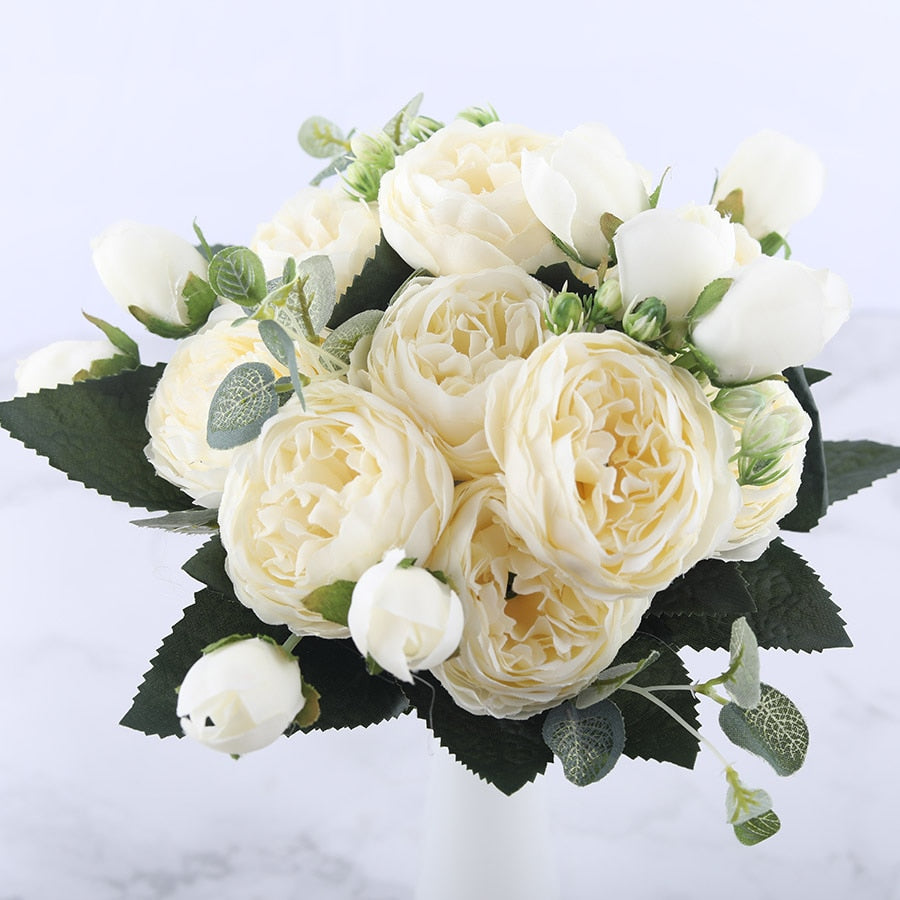 30cm Rose Pink Silk Peony Artificial Flowers Bouquet 5 Big Head and 4 Bud Cheap Fake Flowers for Home Wedding Decoration indoor Flowers DailyAlertDeals White  