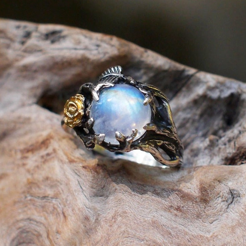 Vintage Moonstone Ring For Women Black Jewelry Gold Flower Finger Ring Female Charming Jewelry Gift Wedding Statement Opal Ring Zircona Ring DailyAlertDeals   