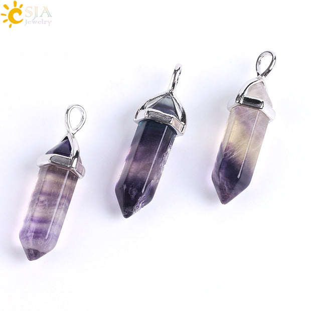 CSJA Fluorite Necklaces Crystal Pendants Suspension Natural Gem Stone Quartz Bullet Hexagonal Pendulum Reiki Chakra pendulo E546 0 DailyAlertDeals   