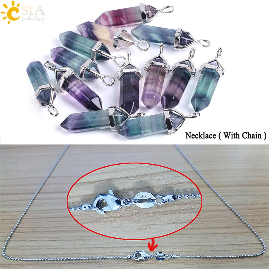 CSJA Fluorite Necklaces Crystal Pendants Suspension Natural Gem Stone Quartz Bullet Hexagonal Pendulum Reiki Chakra pendulo E546 0 DailyAlertDeals 1PC ColorfulNecklace  