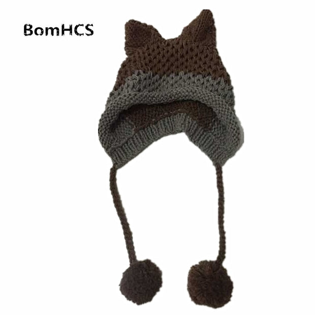 BomHCS Cute Fox Ears Beanie Winter Warm 100% Handmade Knit Hat 0 DailyAlertDeals Coffee Gray  