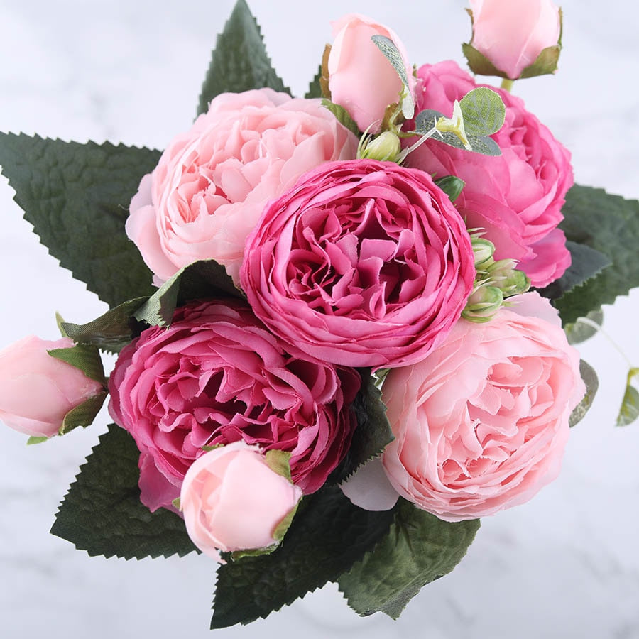 30cm Rose Pink Silk Peony Artificial Flowers Bouquet 5 Big Head and 4 Bud Cheap Fake Flowers for Home Wedding Decoration indoor Flowers DailyAlertDeals Pink Red  