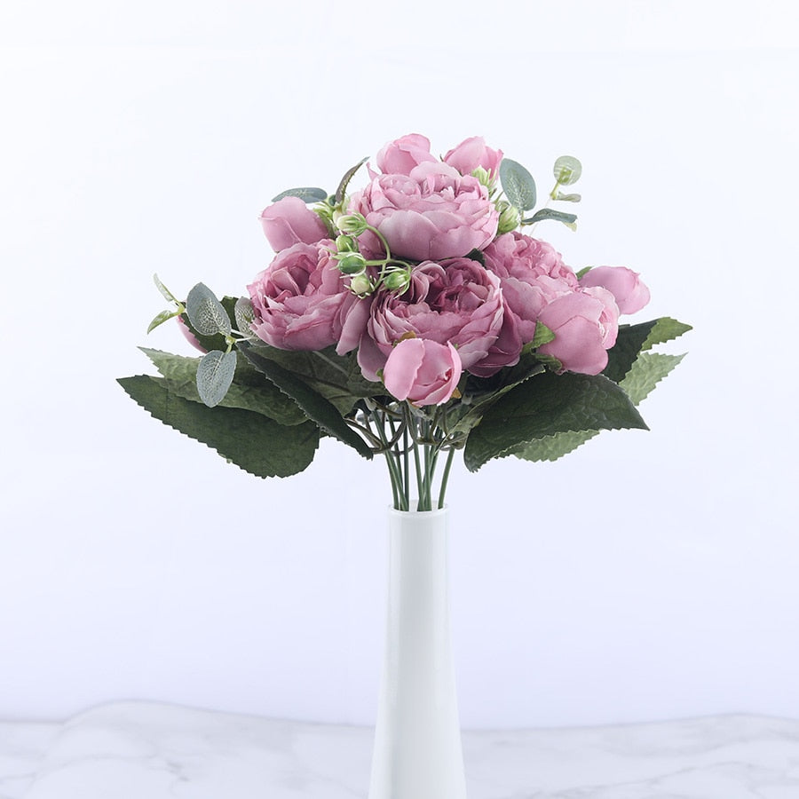 30cm Rose Pink Silk Peony Artificial Flowers Bouquet 5 Big Head and 4 Bud Cheap Fake Flowers for Home Wedding Decoration indoor Flowers DailyAlertDeals   