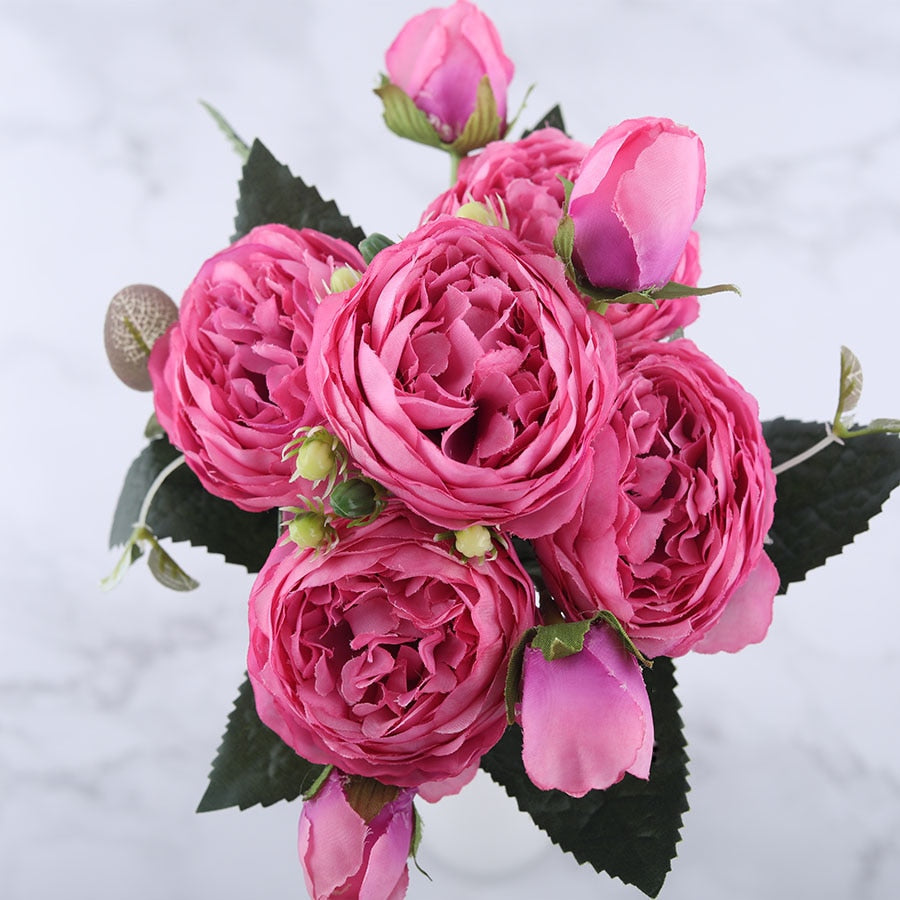 30cm Rose Pink Silk Peony Artificial Flowers Bouquet 5 Big Head and 4 Bud Cheap Fake Flowers for Home Wedding Decoration indoor Flowers DailyAlertDeals Red  