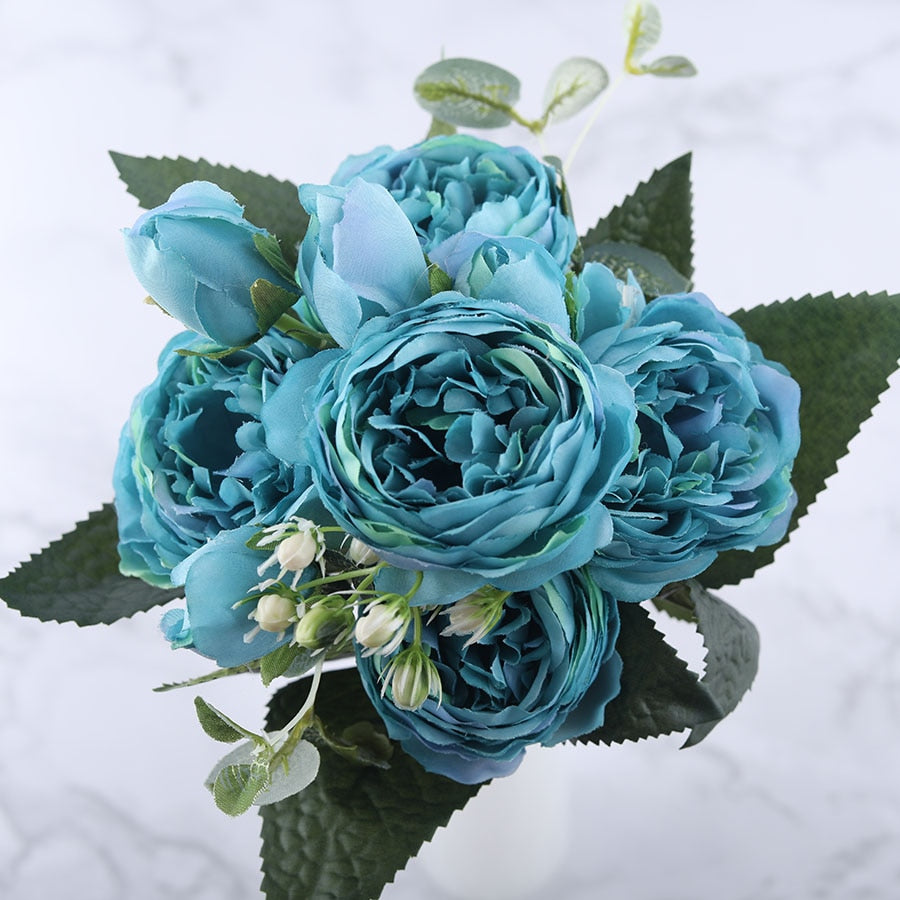 30cm Rose Pink Silk Peony Artificial Flowers Bouquet 5 Big Head and 4 Bud Cheap Fake Flowers for Home Wedding Decoration indoor Flowers DailyAlertDeals Blue  