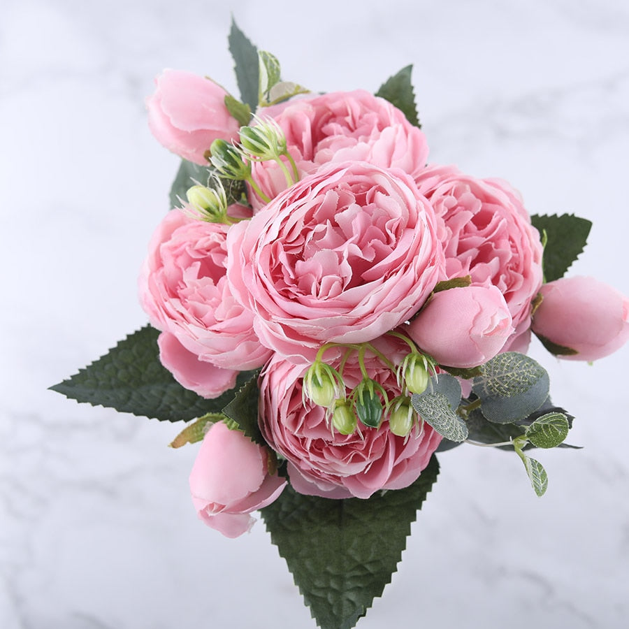 30cm Rose Pink Silk Peony Artificial Flowers Bouquet 5 Big Head and 4 Bud Cheap Fake Flowers for Home Wedding Decoration indoor Flowers DailyAlertDeals Pink  