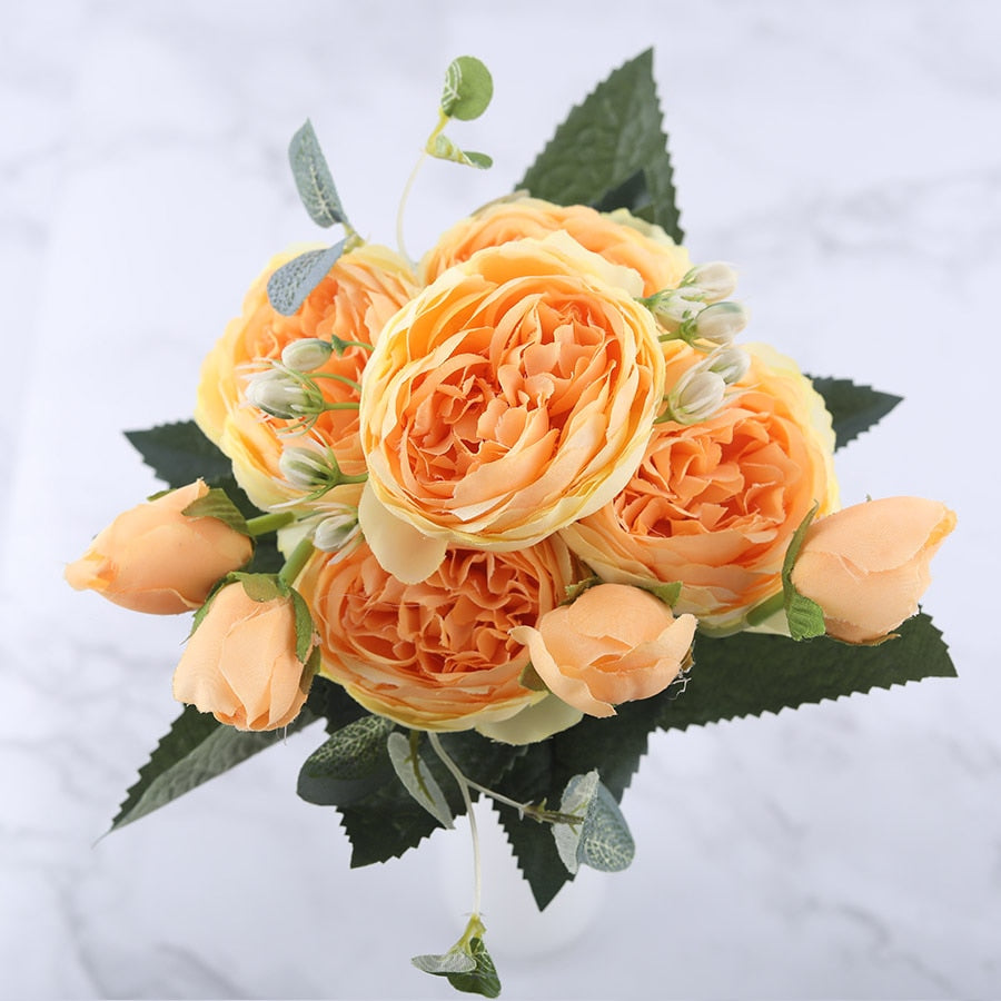 30cm Rose Pink Silk Peony Artificial Flowers Bouquet 5 Big Head and 4 Bud Cheap Fake Flowers for Home Wedding Decoration indoor Flowers DailyAlertDeals Yellow  