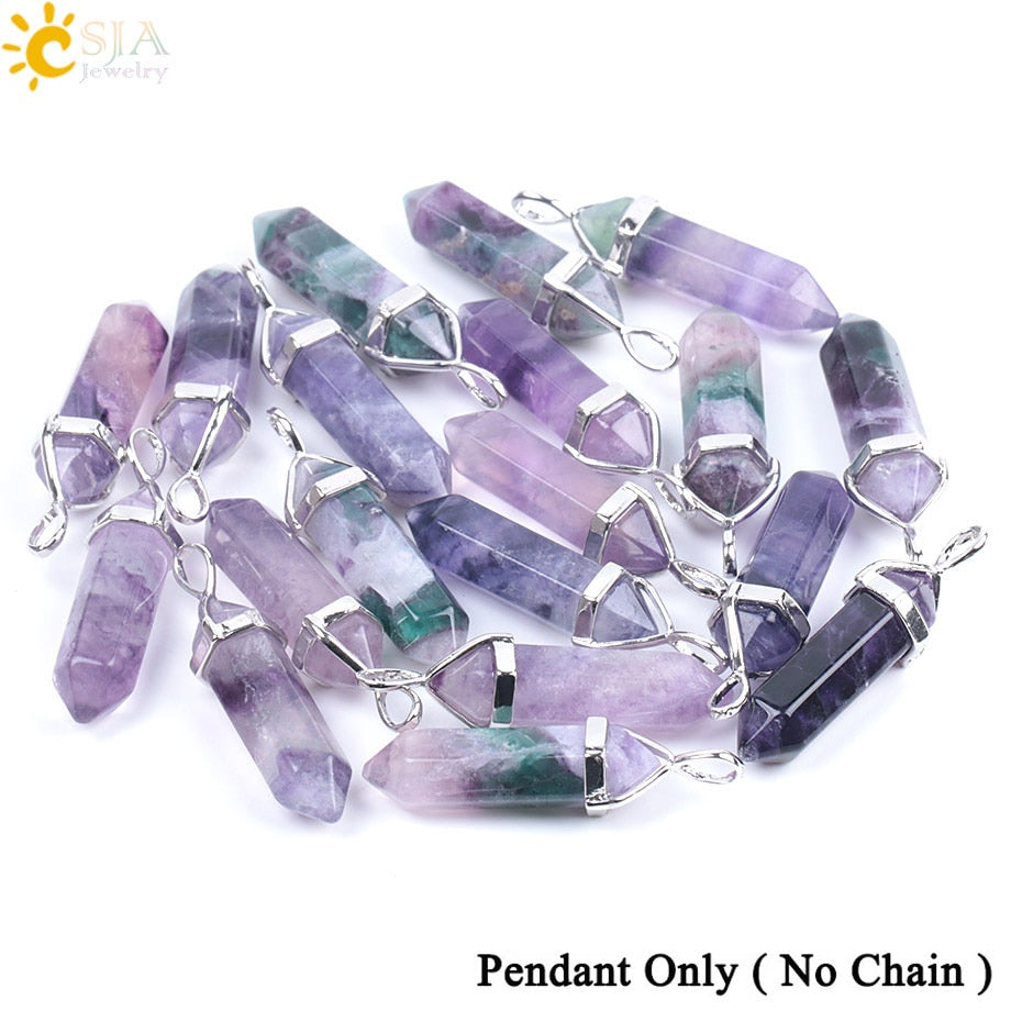 CSJA Fluorite Necklaces Crystal Pendants Suspension Natural Gem Stone Quartz Bullet Hexagonal Pendulum Reiki Chakra pendulo E546 0 DailyAlertDeals 1PC Purple Pendant  