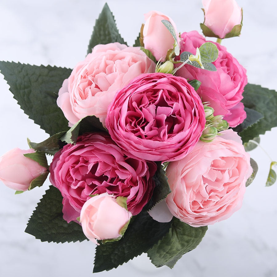 30cm Rose Pink Silk Peony Artificial Flowers Bouquet 5 Big Head and 4 Bud Cheap Fake Flowers for Home Wedding Decoration indoor Flowers DailyAlertDeals   
