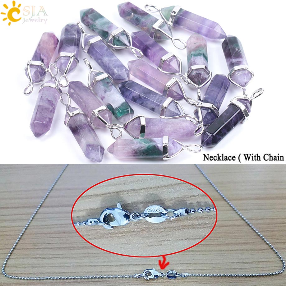 CSJA Fluorite Necklaces Crystal Pendants Suspension Natural Gem Stone Quartz Bullet Hexagonal Pendulum Reiki Chakra pendulo E546 0 DailyAlertDeals 1PC Purple Necklace  