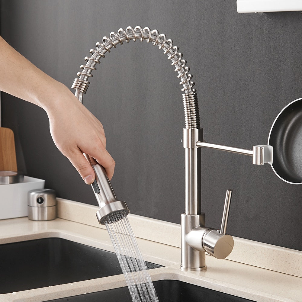 Kitchen Faucets Brush Brass Faucets for Kitchen Sink  Single Lever Pull Out Spring Spout Mixers Tap Hot Cold Water Crane 9009 0 DailyAlertDeals   
