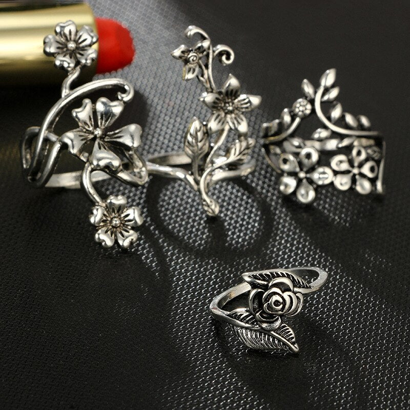 4Pcs/Set Vintage Ancient Silver Sen Vine Leaves Flower Rose Women Girl Charming Bohemia Antique Silver Color Floral Knuckle Ring 0 DailyAlertDeals   