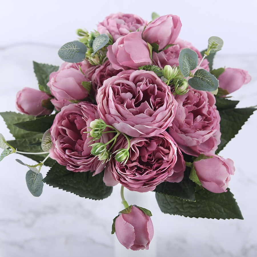 30cm Rose Pink Silk Peony Artificial Flowers Bouquet 5 Big Head and 4 Bud Cheap Fake Flowers for Home Wedding Decoration indoor Flowers DailyAlertDeals Purple  
