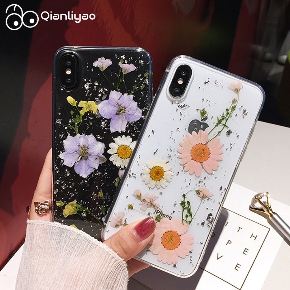 Qianliyao Dried Flower Silver foil Phone Cases For iPhone 14 13 12 11 Pro Max XS Max XR X 6 6s 7 8 Plus SE Soft Silicone Cover 0 DailyAlertDeals   