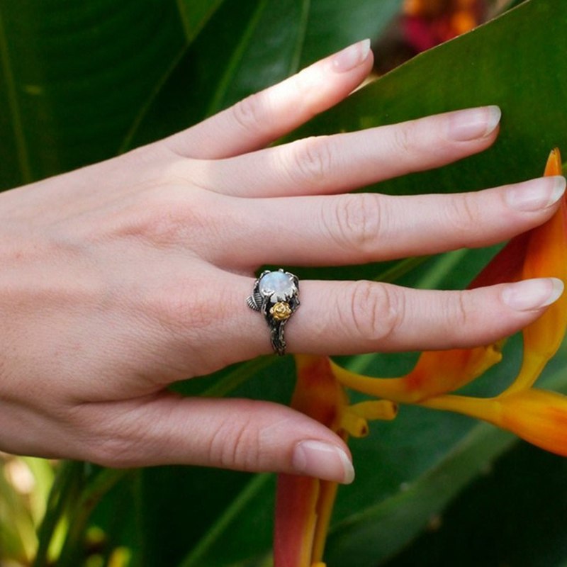 Vintage Moonstone Ring For Women Black Jewelry Gold Flower Finger Ring Female Charming Jewelry Gift Wedding Statement Opal Ring Zircona Ring DailyAlertDeals   
