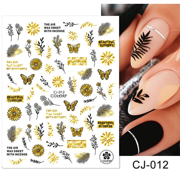Harunouta Slider Design 3D Black People Silhouettes Blooming Nail Stickers Gold Bronzing Leaf Flower Nail Foils Decoration Nail Stickers DailyAlertDeals CJ-012  
