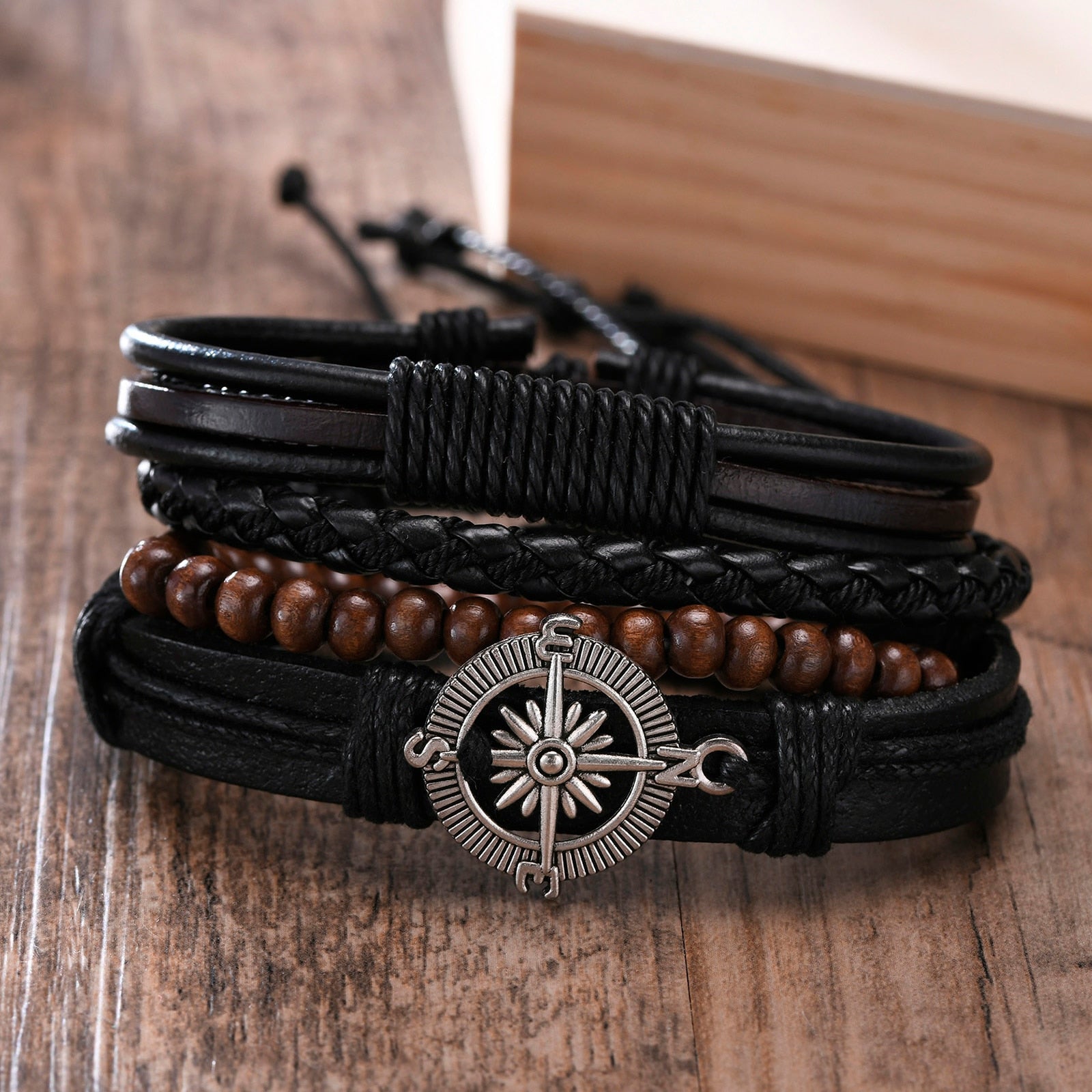 Vnox 4Pcs/ Set Braided Wrap Leather Bracelets for Men Vintage Life Tree Rudder Charm Wood Beads Ethnic Tribal Wristbands 0 DailyAlertDeals BL-627  