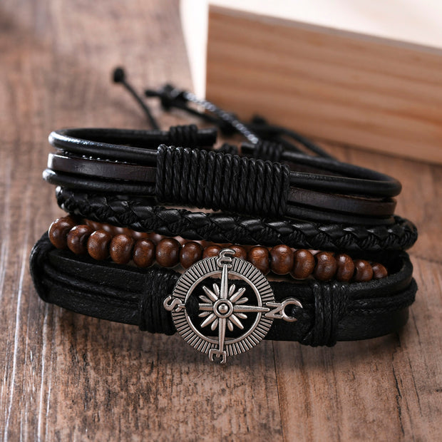 Vnox 4Pcs/ Set Braided Wrap Leather Bracelets for Men Vintage Life Tree Rudder Charm Wood Beads Ethnic Tribal Wristbands 0 DailyAlertDeals BL-627 China 
