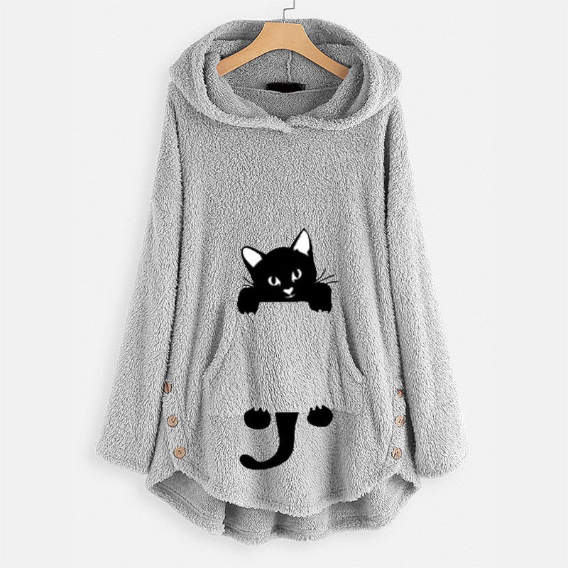 Lovely Cartoon Cat Fleece Winter Pajamas Women Hoodies Hooded Sweatshirts Long Sleeve Lady Pullovers Tops 0 DailyAlertDeals Gray M 
