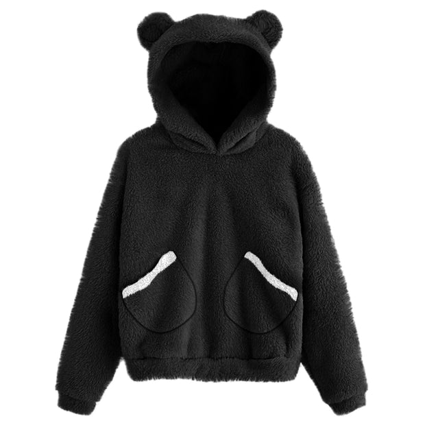 Fluffy hoodie Women fuzzy hoodie cute bear ear cap Autumn Winter Warm pullover Long Sleeve outwear Fluffy hoodie DailyAlertDeals Black  WITH POCKET S United States