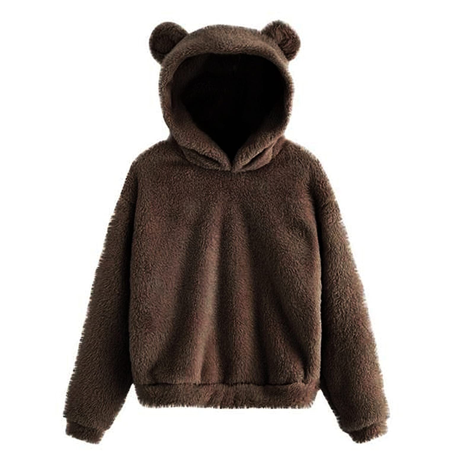 Fluffy hoodie Women fuzzy hoodie cute bear ear cap Autumn Winter Warm pullover Long Sleeve outwear Fluffy hoodie DailyAlertDeals Coffee S