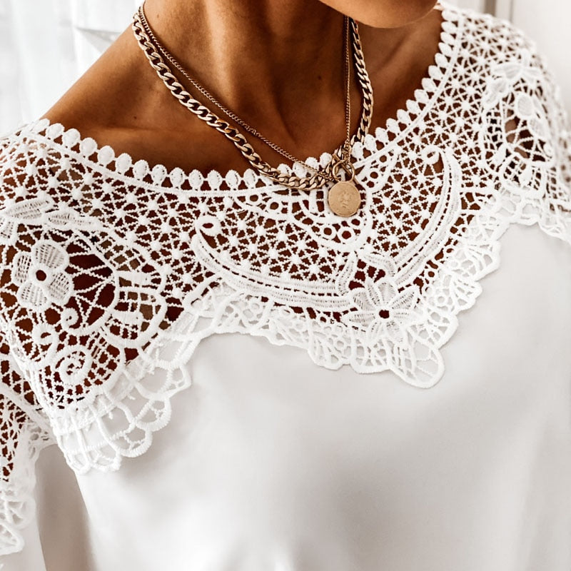 Lace Shirt White Blouse Women O-Neck Crochet Floral Long Sleeve Shirt Embroidery Casual Sexy Office Ladies Top Clothes 12459 0 DailyAlertDeals   