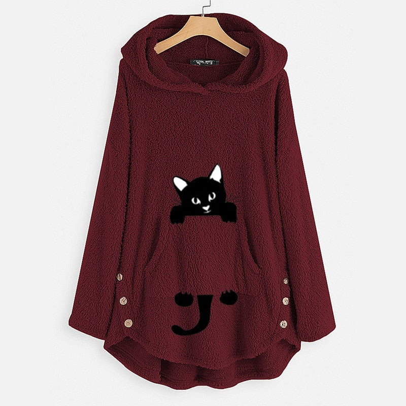 Lovely Cartoon Cat Fleece Winter Pajamas Women Hoodies Hooded Sweatshirts Long Sleeve Lady Pullovers Tops 0 DailyAlertDeals Burgundy M 