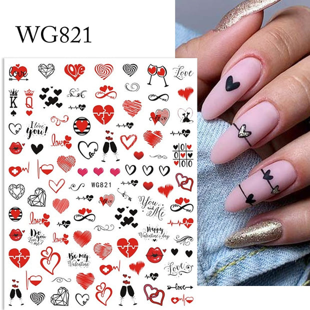 Harunouta Valentine's Day 3D Nail Stickers Heart Flower Leaves Line Sliders French Tip Nail Art Transfer Decals 3D Decoration Nail Stickers DailyAlertDeals WG821  