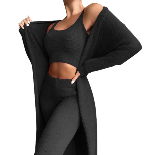 3Pcs/Set Lounge Wear Women Tracksuit Autumn Winter Outfit Cardigan Velvet Crop Top Long Sleeve Coat High Waist Pants Women Set 0 DailyAlertDeals   