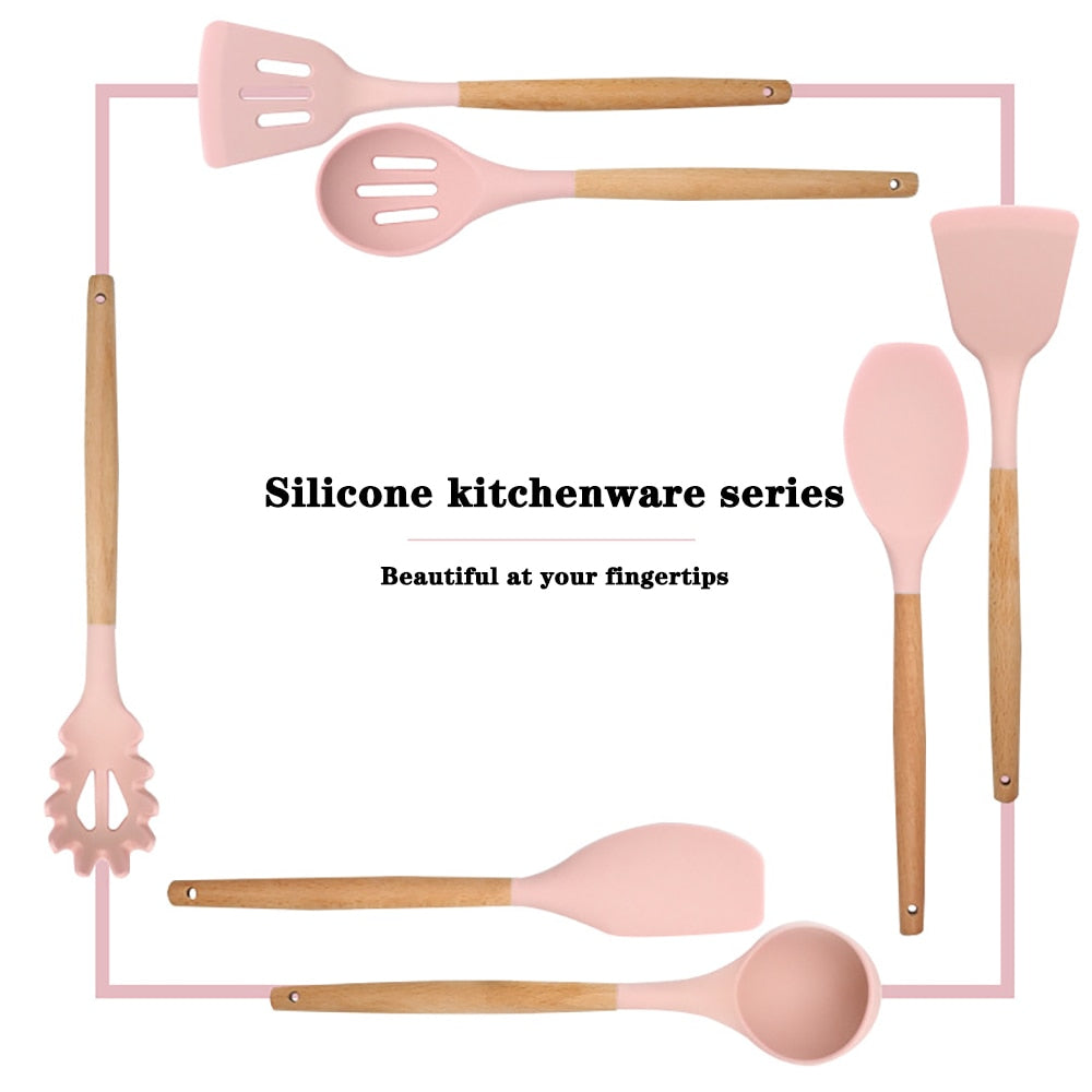 Silicone Kitchenware Cooking Utensils Set Non-stick Cookware Spatula Shovel Egg Beaters Wooden Handle Kitchen Cooking Tool Set utensils DailyAlertDeals   