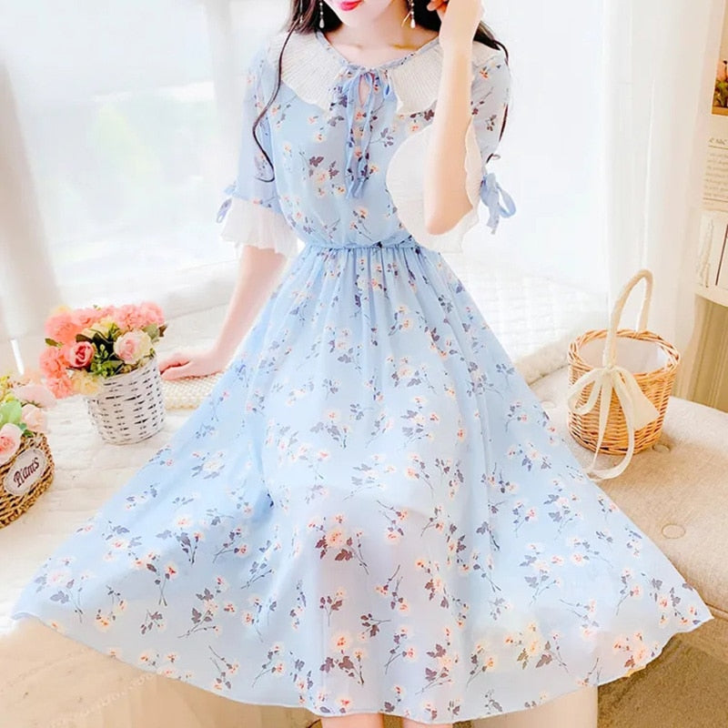 2021 summer new dress short-sleeved chiffon print dress female slim slimming long skirt 0 DailyAlertDeals   