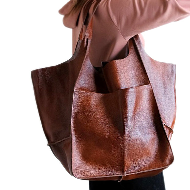 Casual Soft Large Capacity Tote Women Handbags Designer Aged Metal Look Luxury Pu Leather Shoulder Bag Retro Big Shopper Purses 0 DailyAlertDeals   