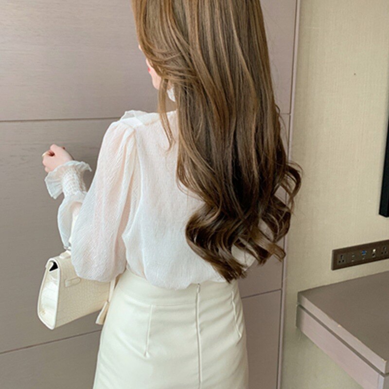 Korean New Elegant Long Sleeve Chiffon Shirt Spring Ruffle Lace Women Blouse Sweet Casual Tops Stand Collar Clothes Blusas 13433 Spring Ruffle Lace Women Blouse DailyAlertDeals   