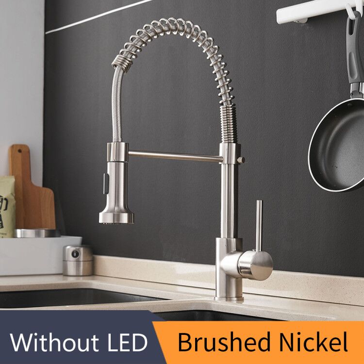 Kitchen Faucets Brush Brass Faucets for Kitchen Sink  Single Lever Pull Out Spring Spout Mixers Tap Hot Cold Water Crane 9009 0 DailyAlertDeals Brushed Nickel United States 
