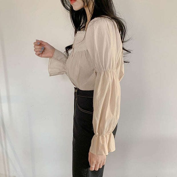 Beige Lace Blouse Vintage Square Collar Women Long Puff Sleeve Shirt Solid Cardigan Sweet Shirt Blusas Clothes Women Tops 11200 0 DailyAlertDeals   