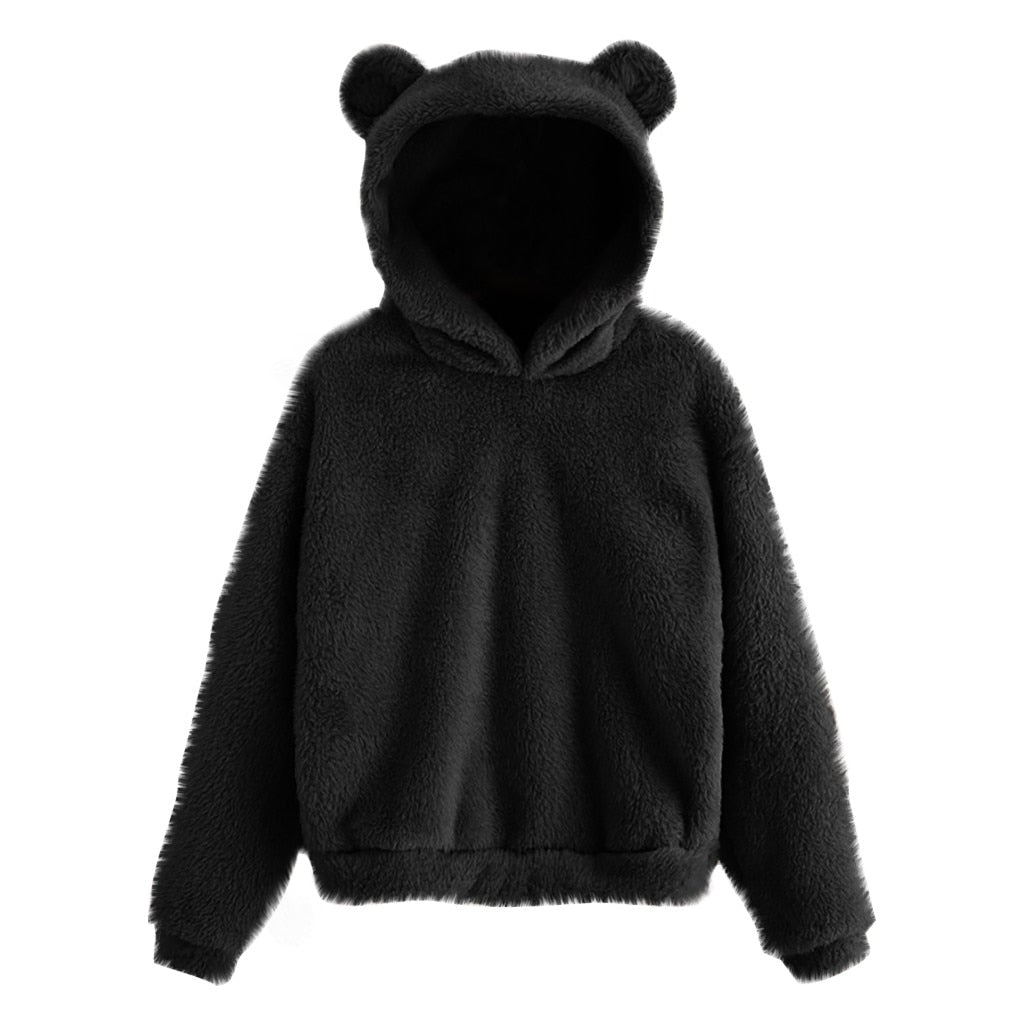 Fluffy hoodie Women fuzzy hoodie cute bear ear cap Autumn Winter Warm pullover Long Sleeve outwear Fluffy hoodie DailyAlertDeals Black S