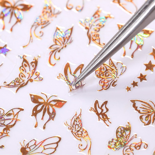 1pc Holographic 3D Butterfly Nail Art Stickers Adhesive Sliders Colorful DIY Golden Nail Transfer Decals Foils Wraps Decorations nail art DailyAlertDeals   