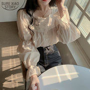 Beige Lace Blouse Vintage Square Collar Women Long Puff Sleeve Shirt Solid Cardigan Sweet Shirt Blusas Clothes Women Tops 11200 0 DailyAlertDeals   