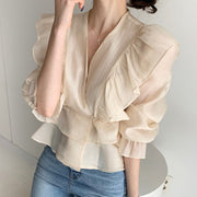 Fashion Vintage Chiffon Blouse Women 2021 New Puff Sleeve Ruffles V-neck Shirt Women Silm Casual Womens Blouses Tops Mujer 10334 0 DailyAlertDeals Default Title  