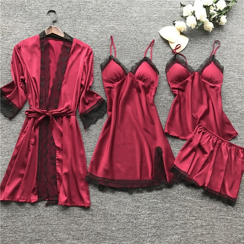 Sleepwear Female 5/4/2PCS Pajamas Set Sexy Satin Wedding Nightwear Rayon Home Wear Nighty Robe Suit  DailyAlertDeals 4PCS wine red S 