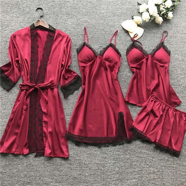 Sleepwear Female 5/4/2PCS Pajamas Set Sexy Satin Wedding Nightwear Rayon Home Wear Nighty Robe Suit  DailyAlertDeals 4PCS wine red S 