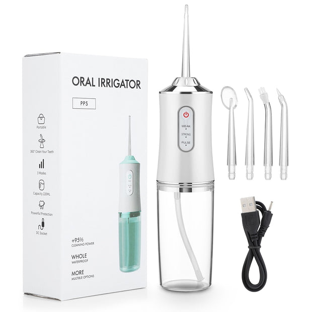 Oral Irrigator Portable Dental Water Flosser USB Rechargeable Water Jet Floss Tooth Pick 4 Jet Tip 220ml 3 Modes IPX7 1400rpm 0 DailyAlertDeals France White 