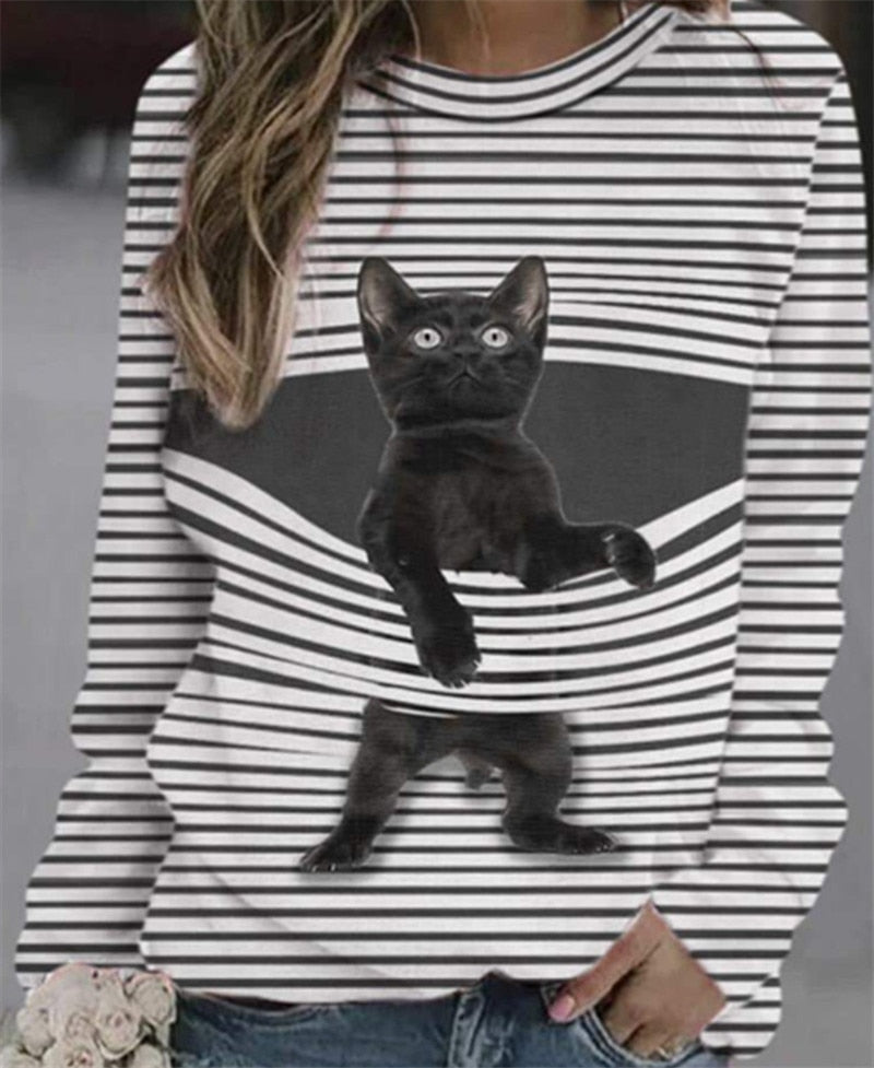 Funny Cute Cat 3D Print Casual Pullovers Women Clothes Spring Autumn Sweatshirts Long Sleeve T-Shirts Lady Clothing Fashion Tops 0 DailyAlertDeals B M 