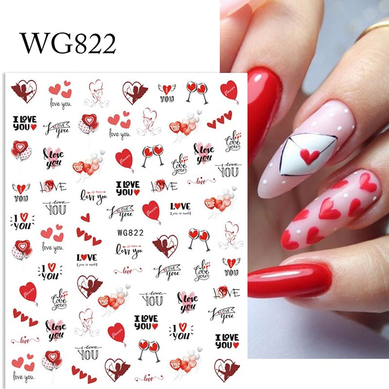 Harunouta Valentine's Day 3D Nail Stickers Heart Flower Leaves Line Sliders French Tip Nail Art Transfer Decals 3D Decoration 0 DailyAlertDeals WG822  