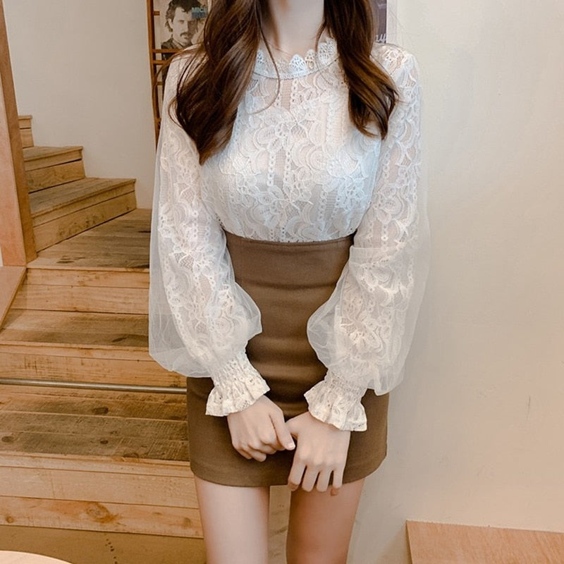 Lantern Long Sleeve Lace Women&#39;s Shirt Autumn New Camisa White Vintage Blouse Women Clothing 2022 Sweet Korean Top Female 10456 0 DailyAlertDeals White S 