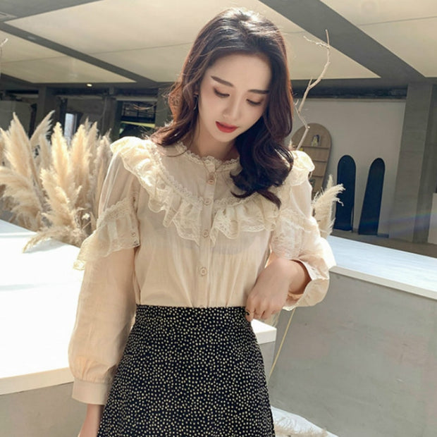 2022 Elegant Ladies Tops Women&#39;s Tops and Blouses Solid Lace Blouse Button Stand Tops for Women Shirts Blusas Femininas 8049 50 0 DailyAlertDeals Apricot S 